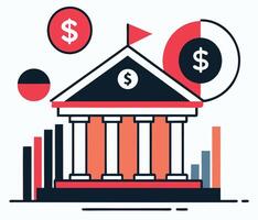 Structure icon shows finance progress with columns, charts and red flag on top vector