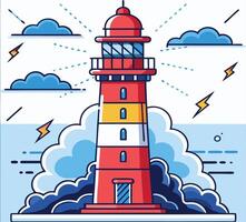 Cartoon red lighthouse stands surrounded by blue water waves, clouds and lightning bolts vector