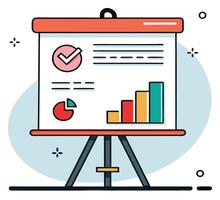 Sales chart shows positive progress on the whiteboard with a checkmark and pie chart vector