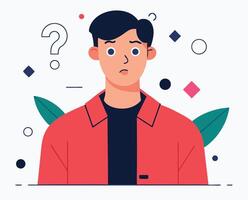 Flat art shows a worried man surrounded by shapes and a question mark vector
