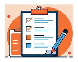 Clipboard displays marked boxes and lined text while a blue pencil sits near it vector