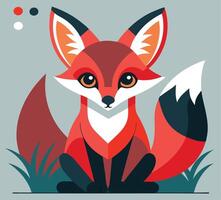 Stylized fox sits amidst blades of grass against a light blue backdrop, rendered geometrically vector