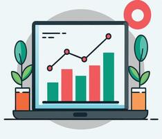 Line graph and bar chart appear on a laptop surrounded by potted plants vector