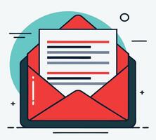 A red opened envelope contains a white sheet with black lines, creatively presenting the mail vector