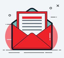 Open red envelope reveals a document with lines on white backdrop design vector