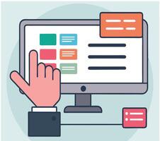 A pink hand touches colorful website blocks shown on a gray monitor vector