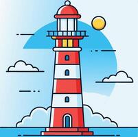 Tall lighthouse shines against a sunlit sky with stylized clouds and ocean waves vector
