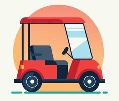 The stylish red golf cart features a small roof and two circular dark wheels vector