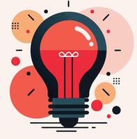 Bright red geometric lightbulb shines amid abstract shapes against a clean, neutral backdrop vector