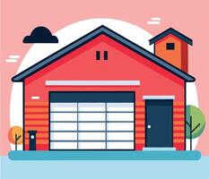 Red detached house displays a modern design amidst light pink backdrop, showing clean lines vector