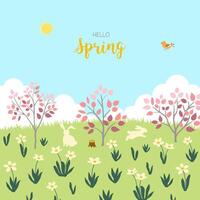 Springtime with cute animals and colorful garden on flat style vector