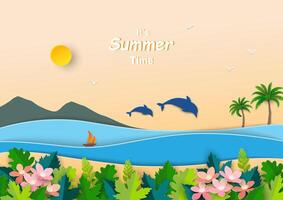 Paper art style with It's summertime on beach background vector