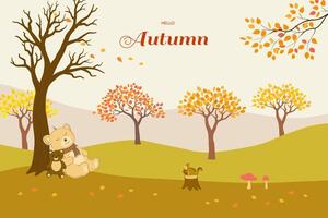 Hello autumn with colorful leaves and cute sleeping bear on flat style vector