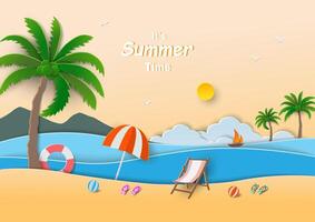 Paper art style with summertime concept on beach background vector