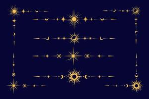 Mystic celestial border with golden moon and stars ornament. Astrologic frame with spiritual elements. dividers and fantasy corners with pattern of esoteric astral decorations. vector
