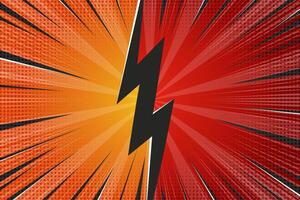 Comic book superhero background with blast. Pop art retro frame with boom effect. Orange and red vs sunburst striped bright poster with halftone texture. vector