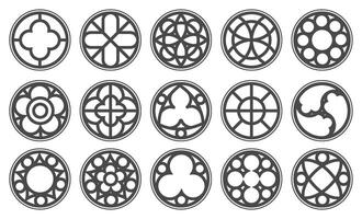 Gothic circle rose window with medieval ornament. Cathedral rosette. Christian architecture elements with stained glass on white background. Radial frame. vector