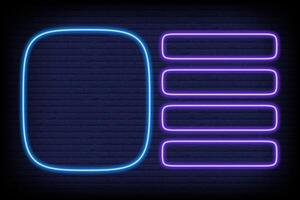 Quiz game neon template for trivia and tv show. Contest multiple options frame for choice. Intellectual challenge menu on brick wall background. led mockup vector