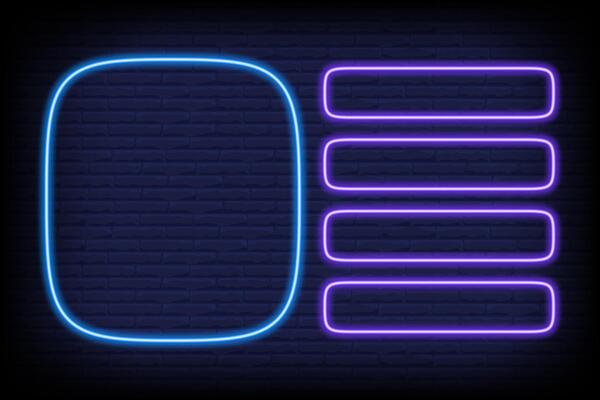 Quiz game neon template for trivia and tv show. Contest multiple options frame for choice. Intellectual challenge menu on brick wall background. led mockup