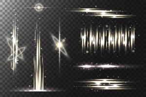 Light flare of glowing stars. Shiny lines of flash with glitter and white light. Sparkles glare with golden beams Abstract shiny realistic explosion blur. vector