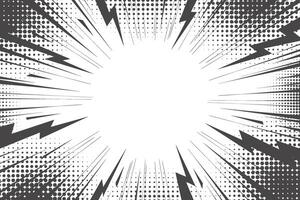 Thunder bolt background with comic speed lines effect end halftone texture. Flash and lightnings electric explosion. Anime illustration with radial rays. Dynamic retro frame vector