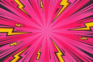 Cartoon comic background with lightnings and halftone effect. Pop art graphic with radial thunders. Pink abstract illustration with flash light and speed lines frame. Explosion bg. vector