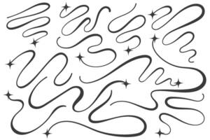 Swirl lines with stars. Curved elegant flourishes tails of comets. Decorative Y2k scrolls and strokes on white background. Wavy simple swishes with falling and flying sparkles. vector