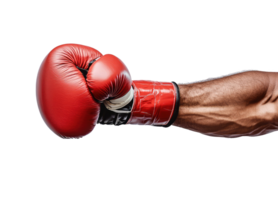 Strong muscular hand of a boxer in a red glove throws a punch, isolated on a transparent background png