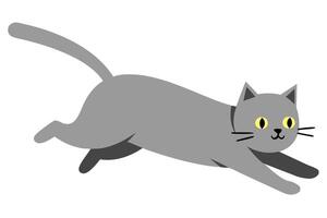 Playful Gray Cat with Yellow Eyes in a Dynamic Running Pose on White Background vector