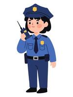 This minimal illustration features a policewoman character holding a radio device, portraying confidence and professionalism. Ideal for themes of law enforcement and community safety. vector