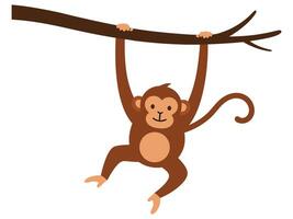 Playful Monkey Swinging from Tree Branch in a Whimsical Jungle Setting vector