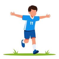 A vibrant minimal illustration of a child running joyfully on a field in a sports uniform. Perfect for projects focusing on childhood excitement and athletic activity. vector