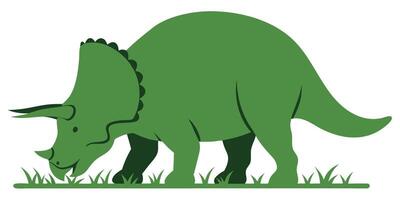 Green Triceratops Dinosaur Bending Down to Eat Grass in a Cartoon Style Illustration vector