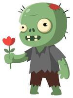 This fun and playful illustration features a cartoon zombie joyfully holding a red flower, showcasing a whimsical and humorous character design. vector
