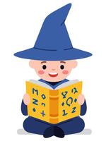 Young Wizard Reading Magical Book with Enigmatic Symbols and Joyful Expression vector