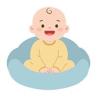 Happy Baby Sitting on Soft Cushion with Cheerful Expression in Colorful Clothing vector