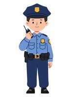 A charming minimal illustration of a male police officer in uniform, holding a radio and smiling, suitable for educational or creative projects emphasizing community safety. vector