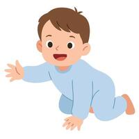 Happy Baby Crawling in Light Blue Outfit with Cheerful Expression and Playful Pose vector