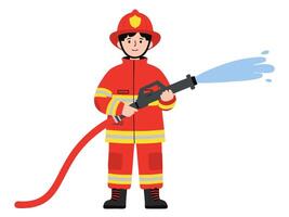 Cartoon Firefighter Character Holding Hose with Water Stream in Bright Red Uniform vector