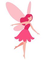 This charming minimal illustration features a flying pink fairy with delicate wings, embodying whimsy and enchantment ideal for fantasy themes and creative projects. vector