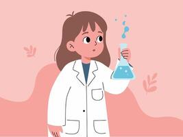 A young girl dressed in a lab coat holds a test tube filled with blue liquid, showcasing a curious expression against a soft pink background, perfect for educational themes. vector