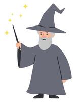 Old Wizard Casting Spell with Wand Surrounded by Glowing Stars in Magical Forest Scene vector