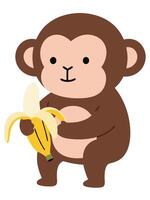 Cute Cartoon Monkey Holding a Yellow Banana with a Cheerful Expression and Playful Stance vector