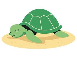Turtle Resting on Sandy Beach Under Sunlight with Calm Ocean Waves in Background vector