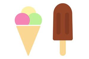 Colorful Ice cream scoops in waffle cone and Chocolate Ice Cream on Stick Icon Logo element idea Set. Isolated illustration World Ice Cream Day Thematic Cards Sticker print materials, leaflets vector