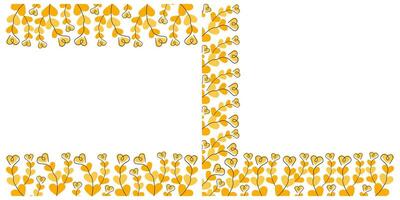 Heart shaped leaves branches Top Bottom and Corner Frame Monochrome Yellow Copy space Template Set. Isolated design Thematic Cards, poster or web promo banner, leaflet, price tag, label, invite vector