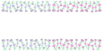 Outline Hearts shape branches on color Hearts Trendy Lavender Mint and pink Top and Bottom Frame Set. Isolated illustration Greeting Thematic Cards Invite, poster or web promo banner, leaflets vector