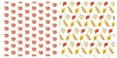 Freehand Autumn leaves and Cup with Hello Autumn text and Marshmallows cubes Seamless Patterns Set. Isolated illustration Thematic Background Wallpaper Cards Posters, leaflets, web promo banner vector