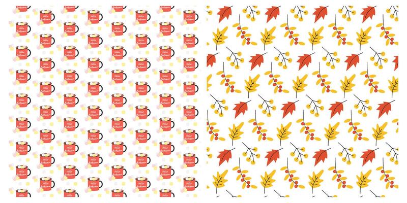 Freehand Autumn leaves and Cup with Hello Autumn text and Marshmallows cubes Seamless Patterns Set. Isolated illustration Thematic Background Wallpaper Cards Posters, leaflets, web promo banner