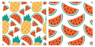 Pineapple and Watermelon slices triangular and half Seamless Patterns Summer Vacation Background Set. Isolated illustration Wallpaper Thematic Vacation Cards or web promo banner, leaflet, price vector